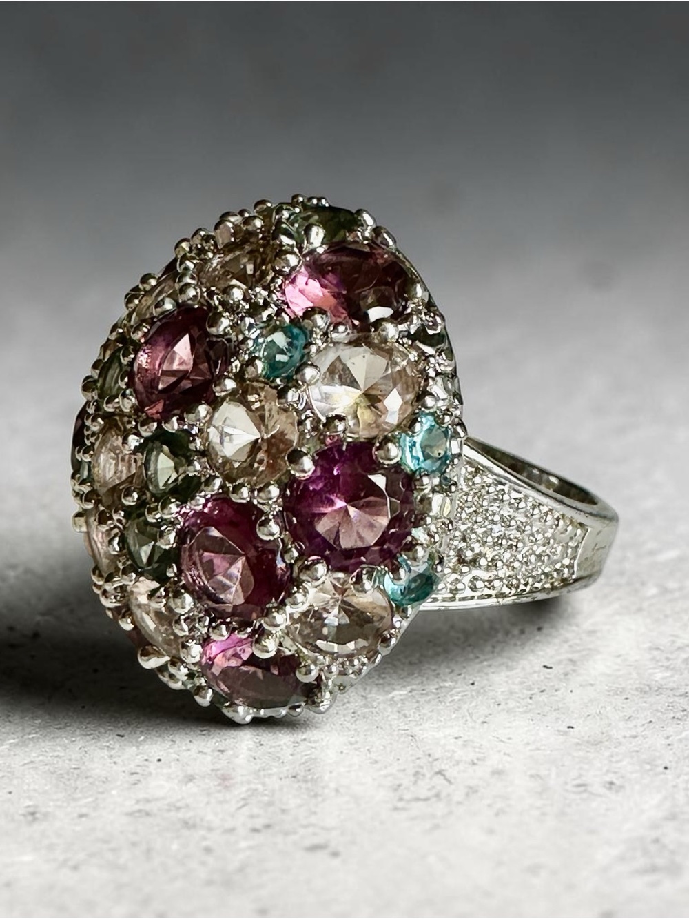 Vintage Silver Tone Multi-Color Crystal Cluster Statement Ring size